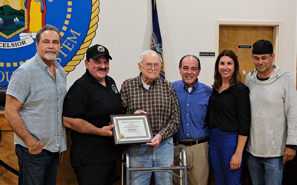 Honoree Bill Donaldson is flanked by Marlborough officials: L-R Councilman Manny Cauchi, Legislator Tom Corcoran, Donaldson, Supervisor Scott Corcoran and Councilpersons Sherida Sessa and Dave Zambito.